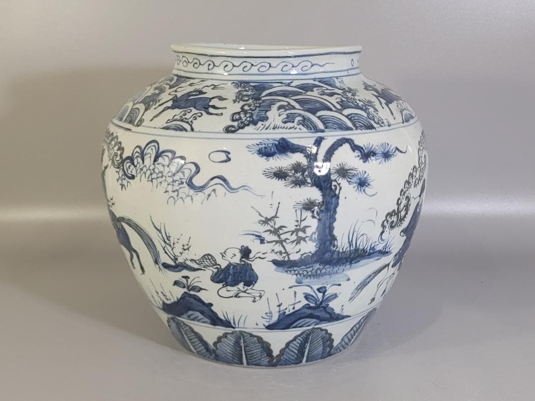 中国 染付 武人紋 蓋壷 茶入 DT166