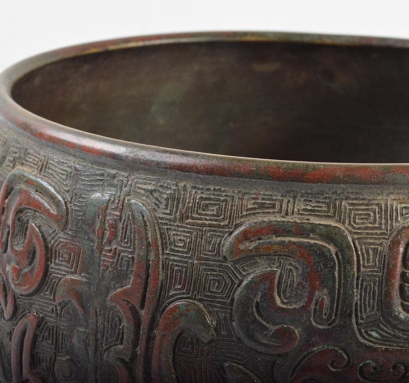 中国　古銅宣徳銅　斑紫銅饕餮文　建水　茶こぼし　時代箱　D　R4620