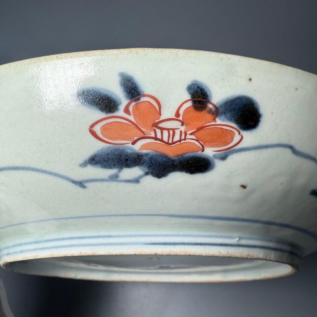 元禄伊万里　色絵花鳥図七寸皿　建築物　金蘭手　赤絵　裏椿文　状態◎　蒐集家旧蔵品