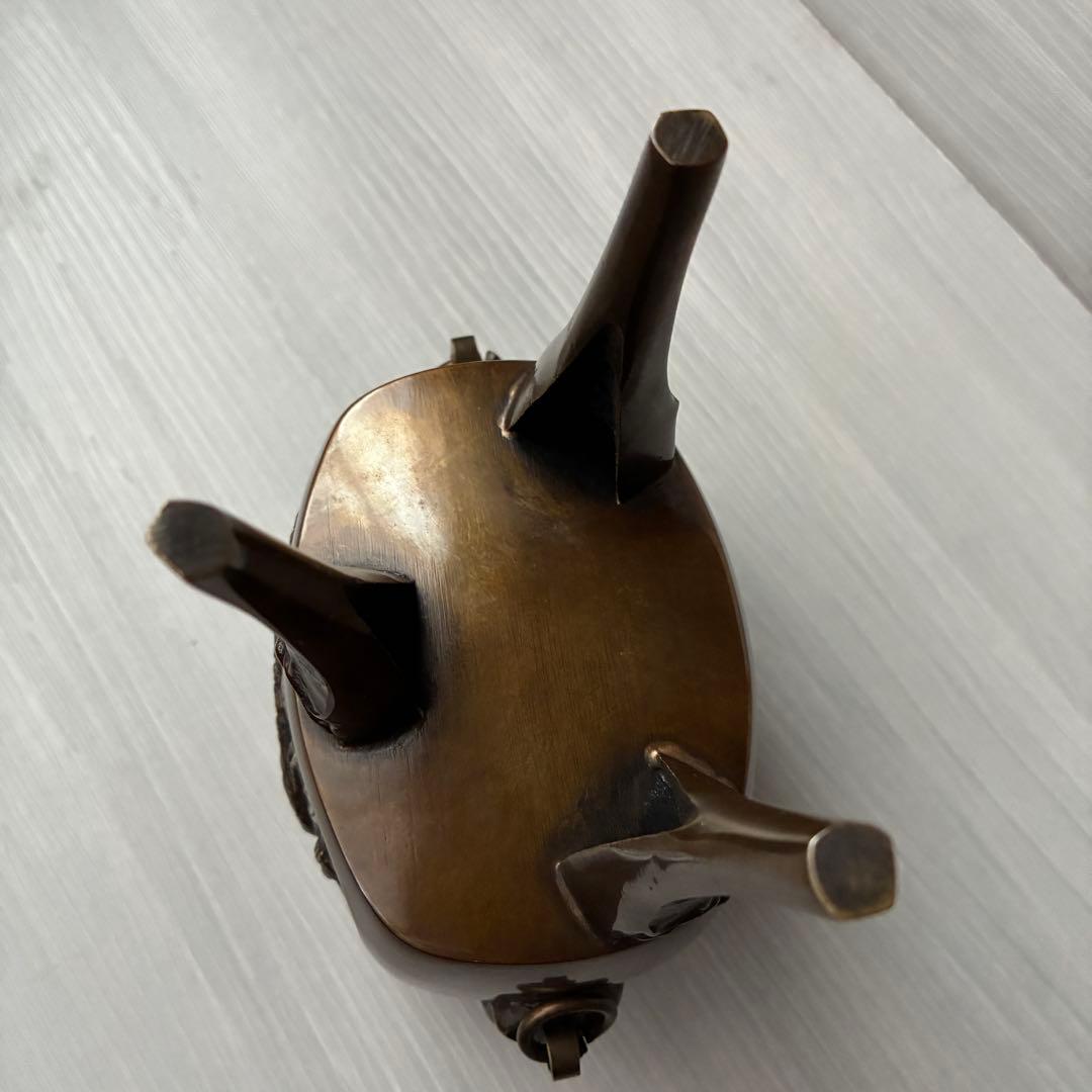 香炉　青銅製　獅子　孔雀　三足　高岡銅器　瑞峰作　茶道具　香道具　お香付き