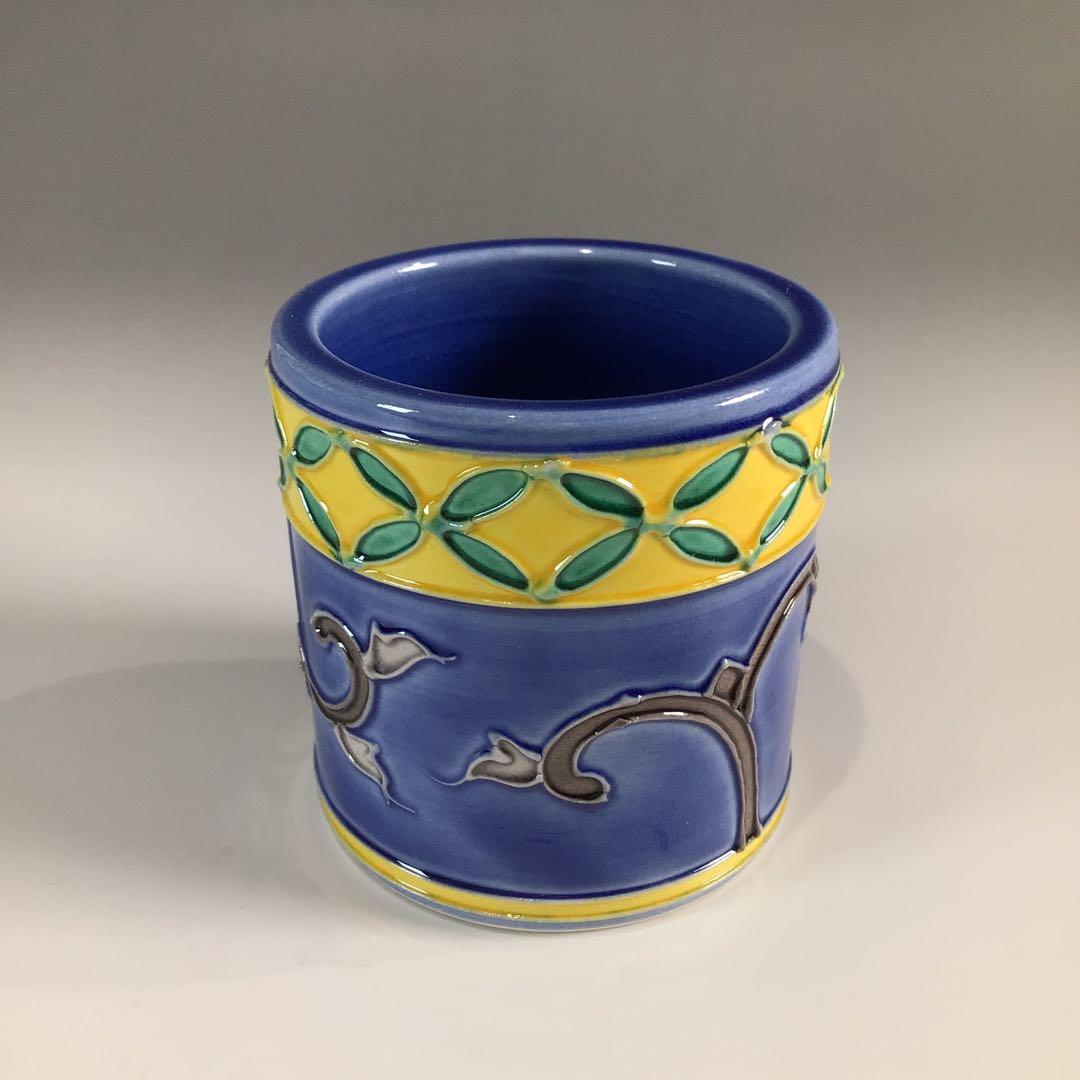 Ｐ６６３　蓋置　『谷口翠雲造』『紺青交趾』『七宝唐草文』　共箱　茶道具