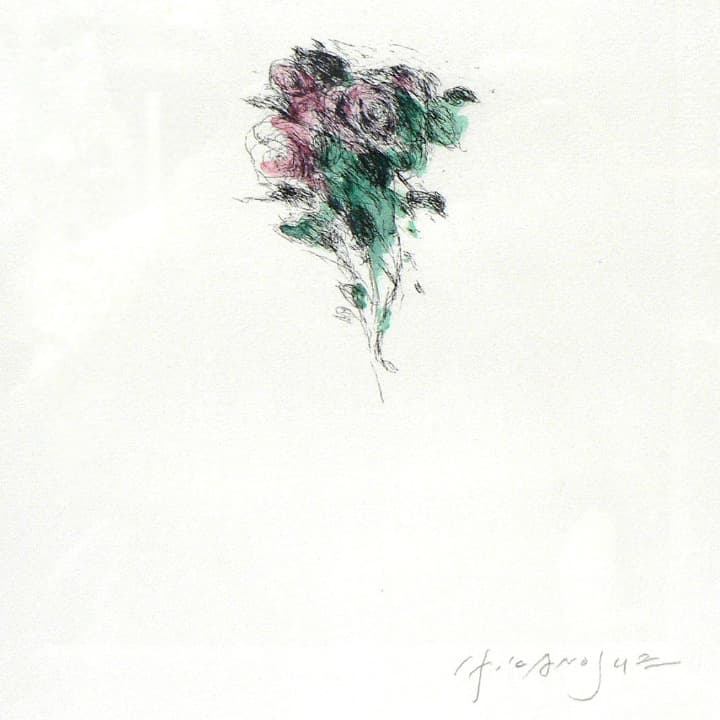 彼末 宏 「ばら」リトグラフ 額装付