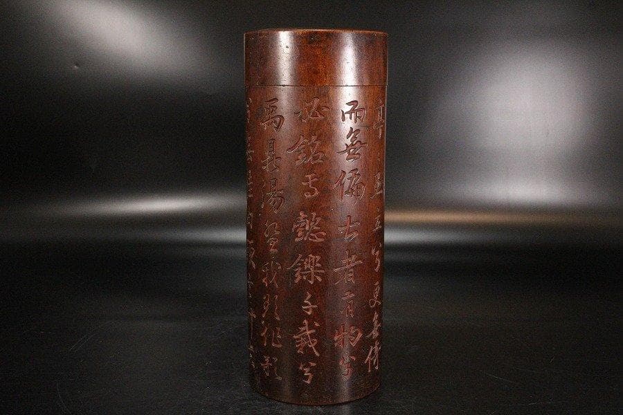 中国美術 唐木 刻題詞 在銘 筒蓋物 旧家蔵出