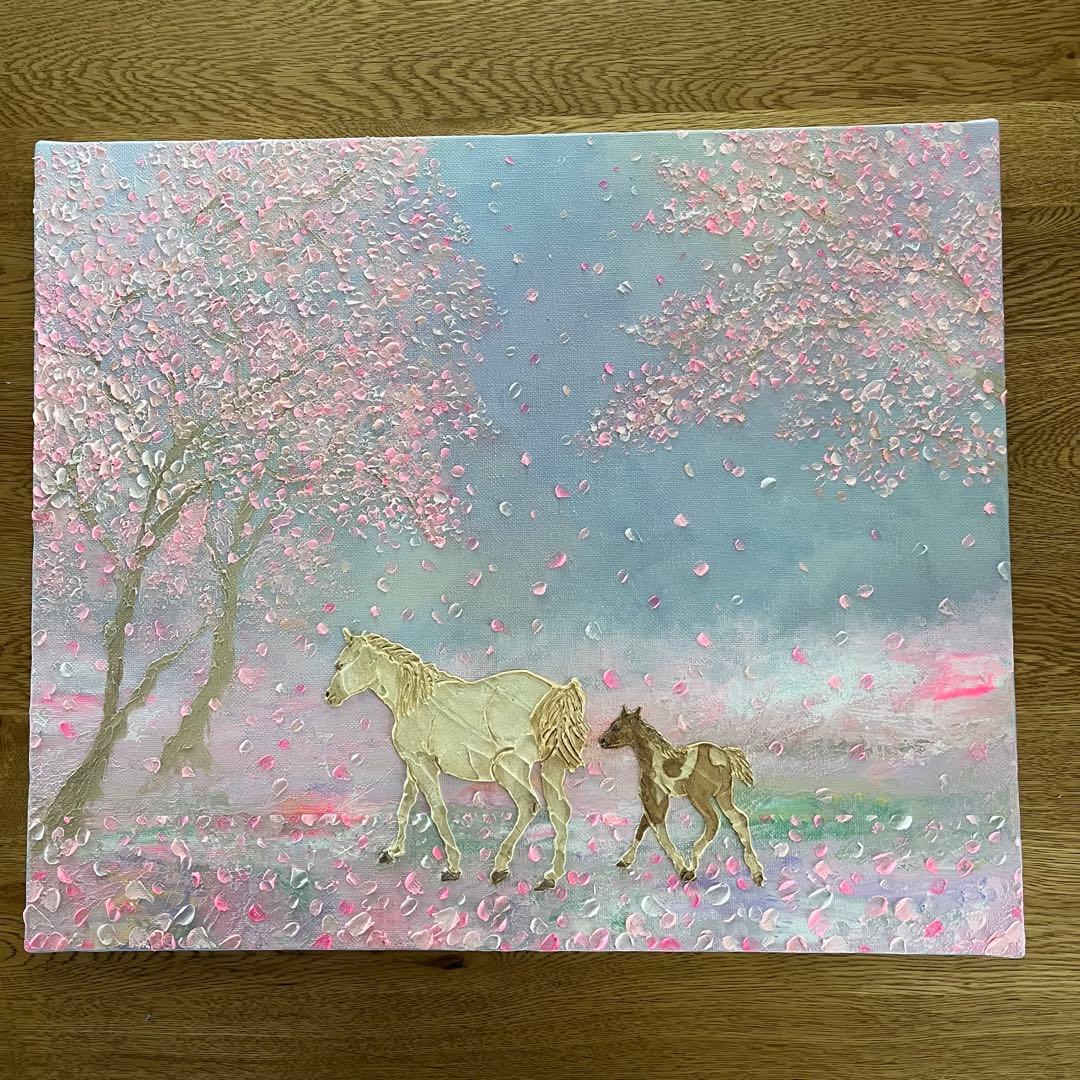 馬　馬の絵 桜 花の絵 テクスチャーアート さくら