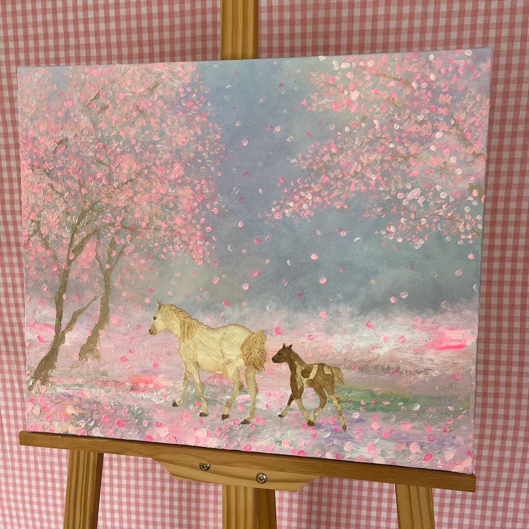 馬　馬の絵 桜 花の絵 テクスチャーアート さくら