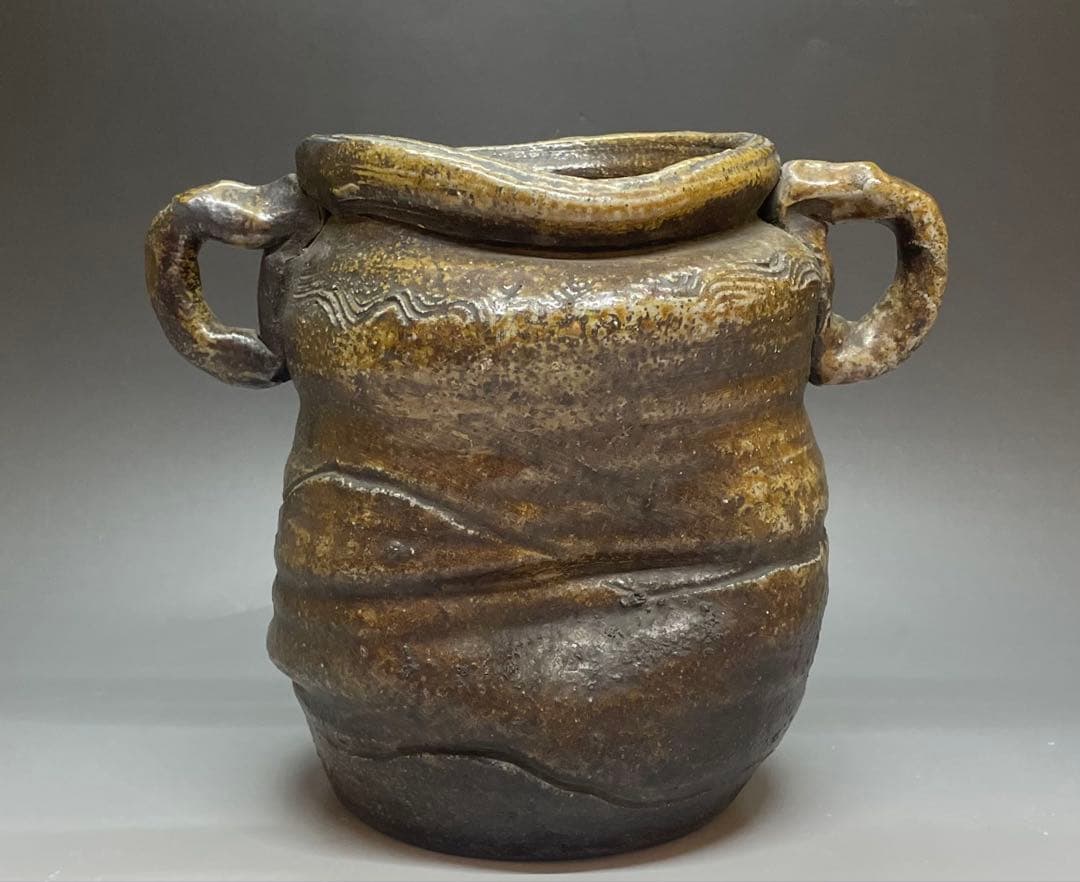 古備前　波状文　窯印　耳付水指　耳付花入　双耳水指　双耳花入　b6220