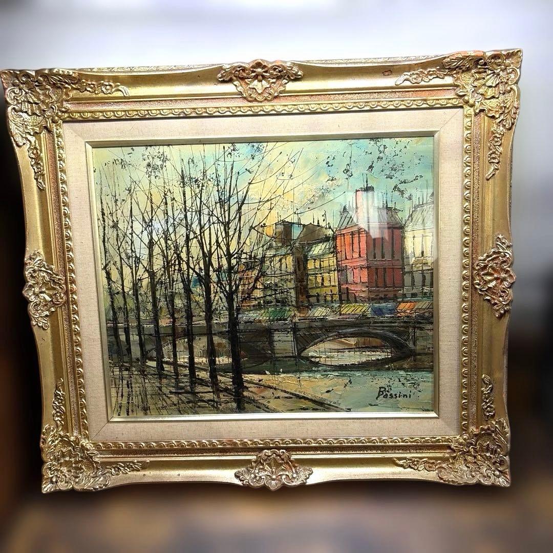 ルイージ・バッシーニ　Luigi Bassini セーヌ川 油絵　製法承認シール