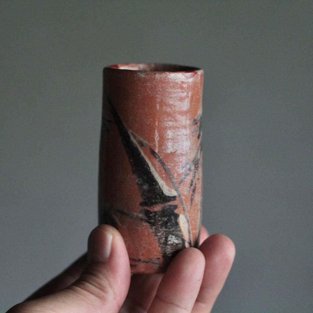 京焼 赤楽 筒盃 ぐい呑み 酒器 竹 筒向付 古美術 古道具 アンティーク