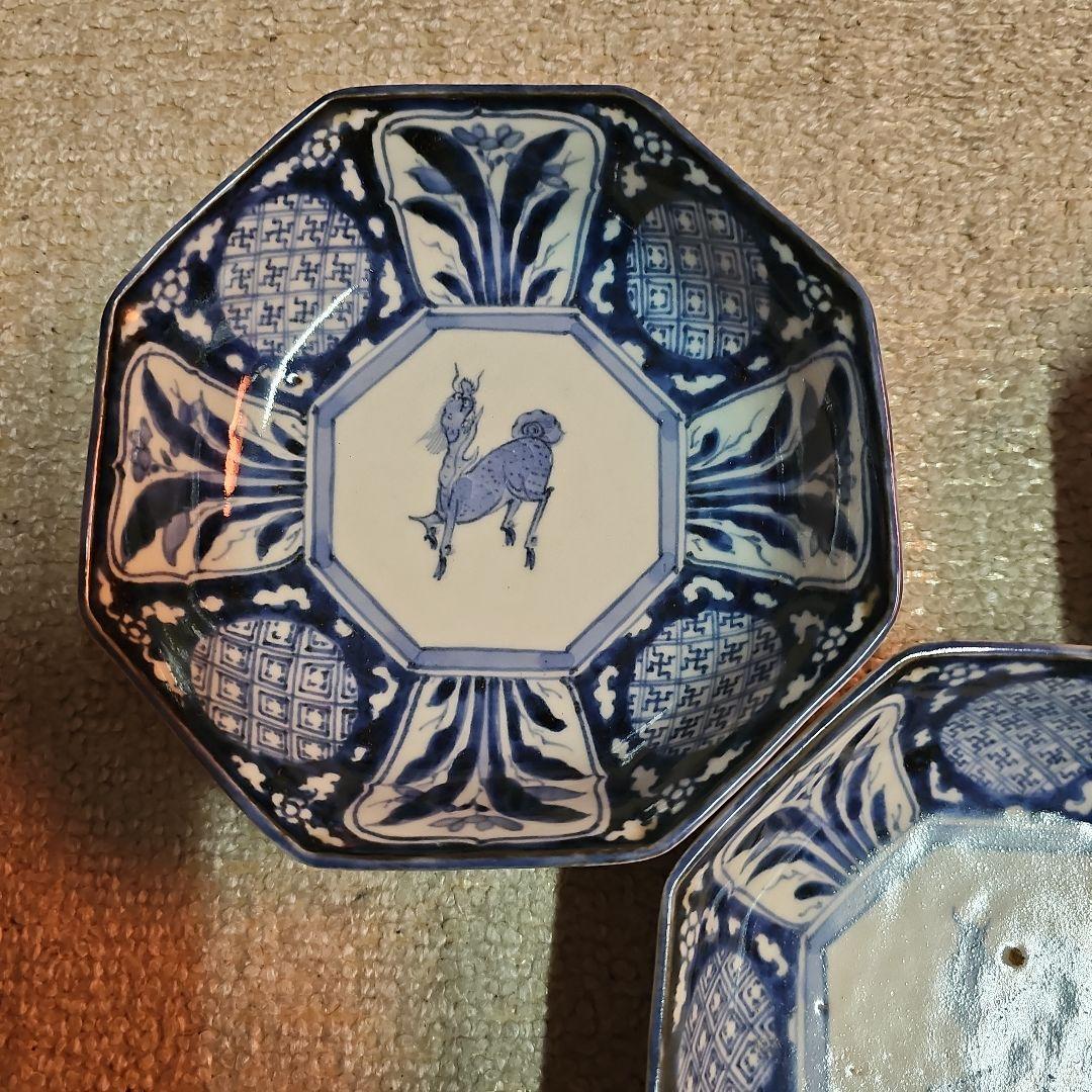 江戸後期 古伊万里 染付八角麒麟鉢 5客
