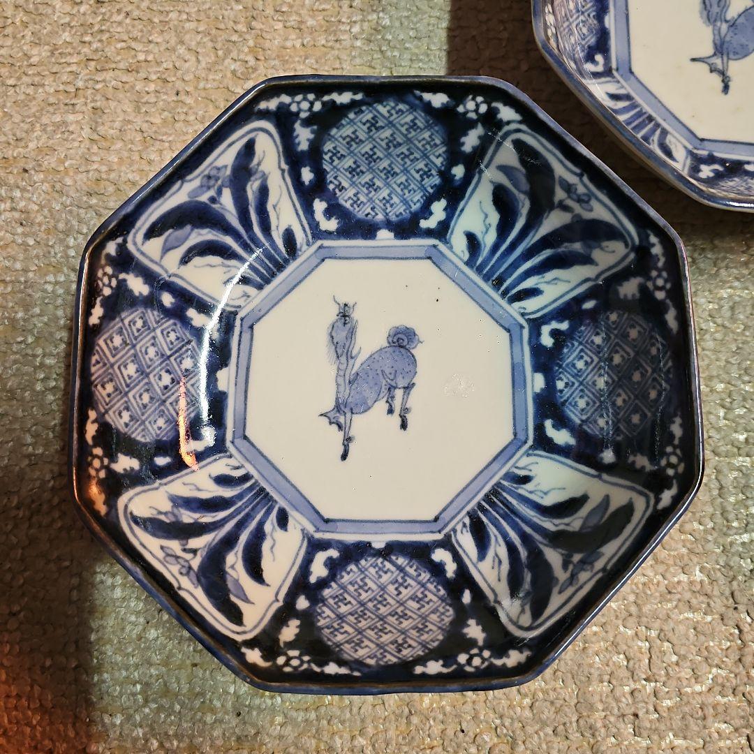 江戸後期 古伊万里 染付八角麒麟鉢 5客