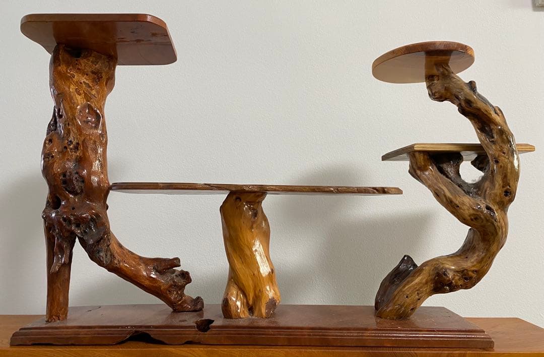 アンティーク 昭和 和風 木製 / 丸型茶棚 飾り棚 違い棚 ウッドシェルフ