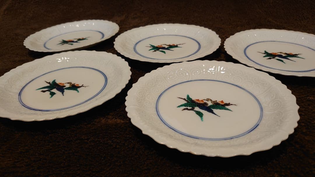 古九谷　九谷焼　輪華皿　陽刻　花の図　蔵出し　５客