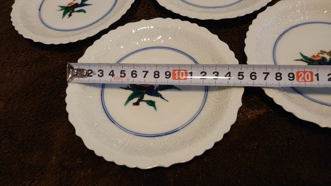 古九谷　九谷焼　輪華皿　陽刻　花の図　蔵出し　５客