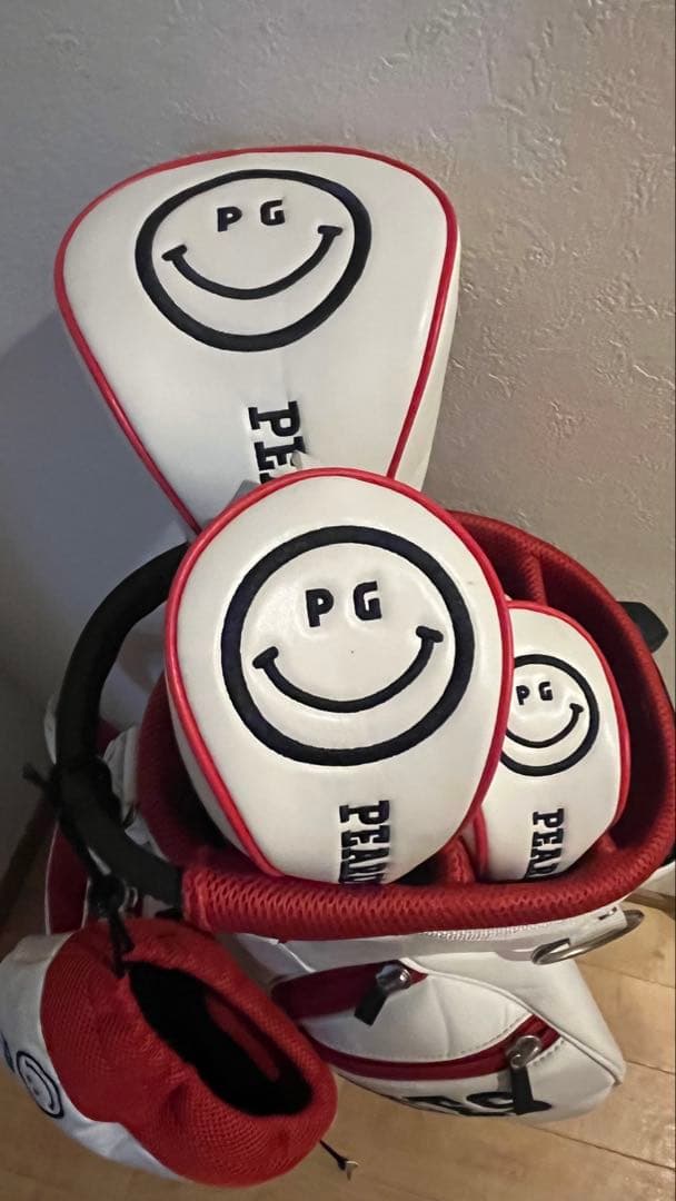 パーリーゲイツ　キャディバック　ホワイト&レッド　スマイル　ヘッドカバー　セット