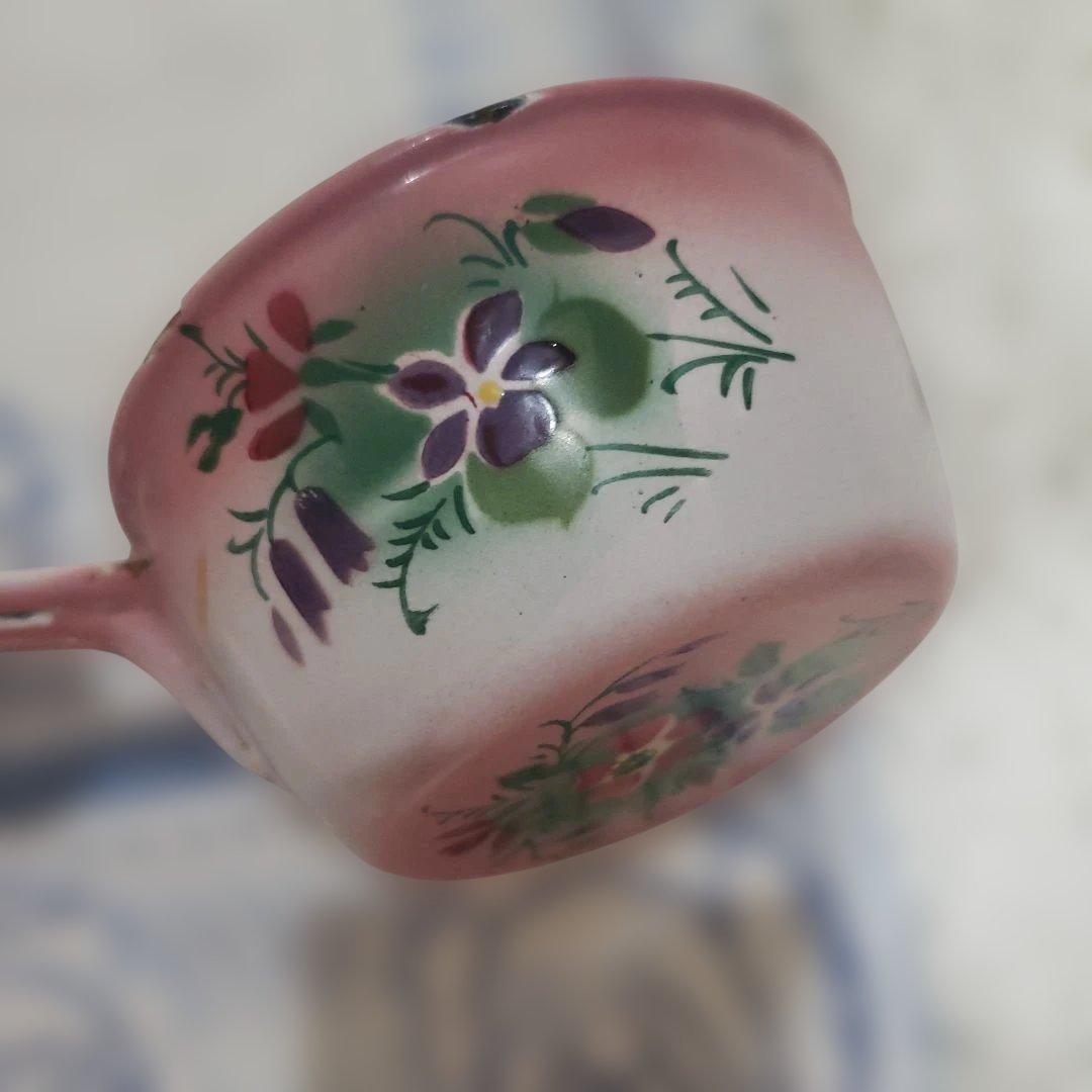 フランスアンティーク　ホーロー❣️JAPY ピンク　すみれ柄　ミルクパン　片手鍋