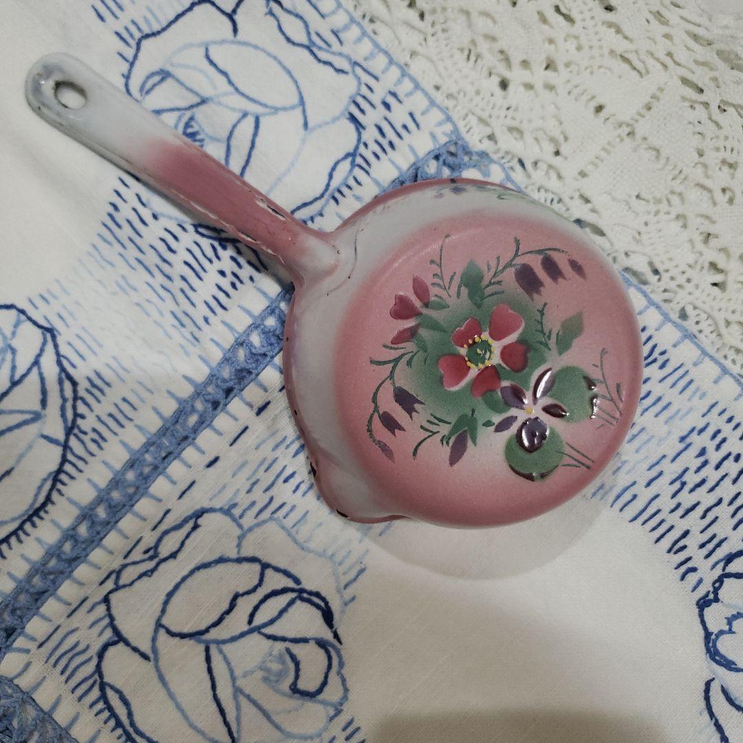 フランスアンティーク　ホーロー❣️JAPY ピンク　すみれ柄　ミルクパン　片手鍋