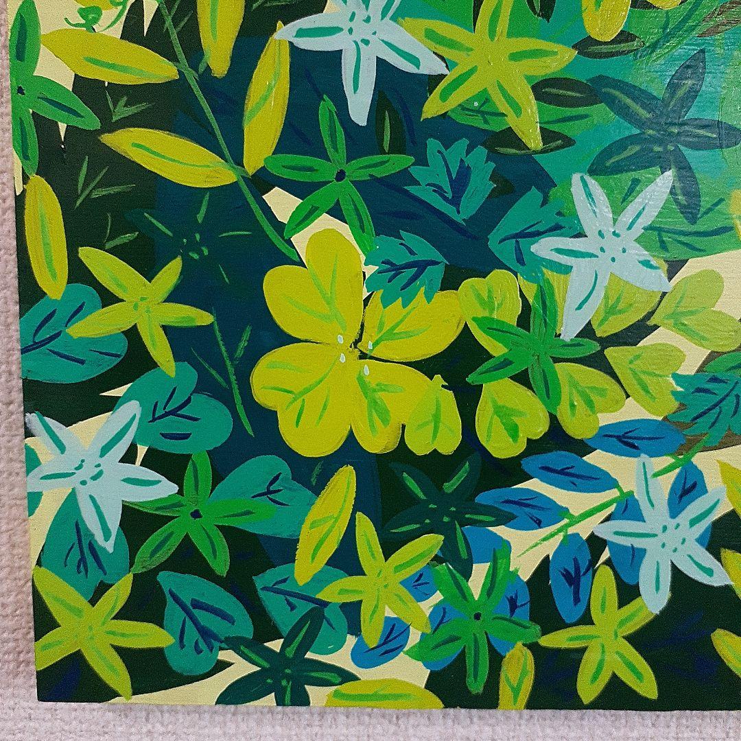 緑だらけの作品　F10号ボード　同じ緑でも色んな色や形がある！　小楠アキコ作品