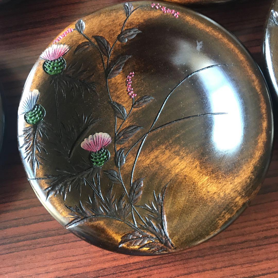 川添日記 にっき おたふく皿 漆器 5枚組 草木彫 未使用 お茶席 インテリア