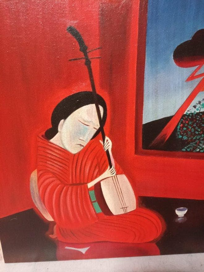 油彩画　斎藤真一作　「赫い雪」～越後瞽女日記より～　額付　共シールル