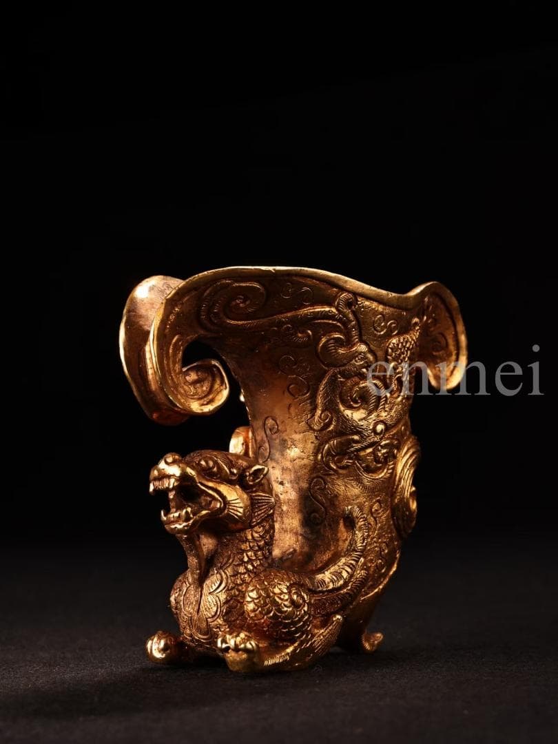 中国古美術・旧藏珍品・唐代風龍紋高浮彫・鎏金銅製酒器・酒具・純銅製・置物・風水