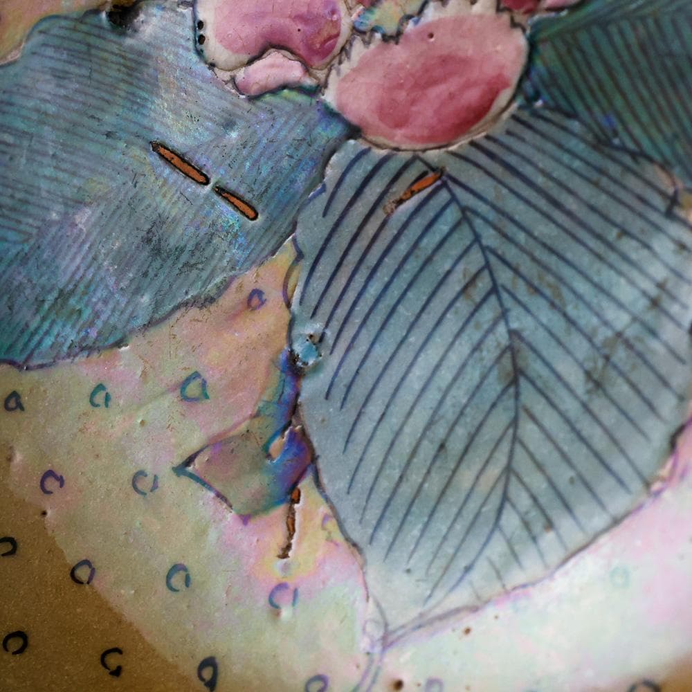 時代年代物 九谷 青手色絵 花の図 七寸 飾皿 直径21㎝ 合せ箱