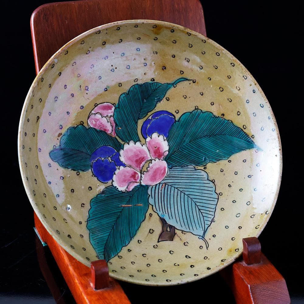 時代年代物 九谷 青手色絵 花の図 七寸 飾皿 直径21㎝ 合せ箱