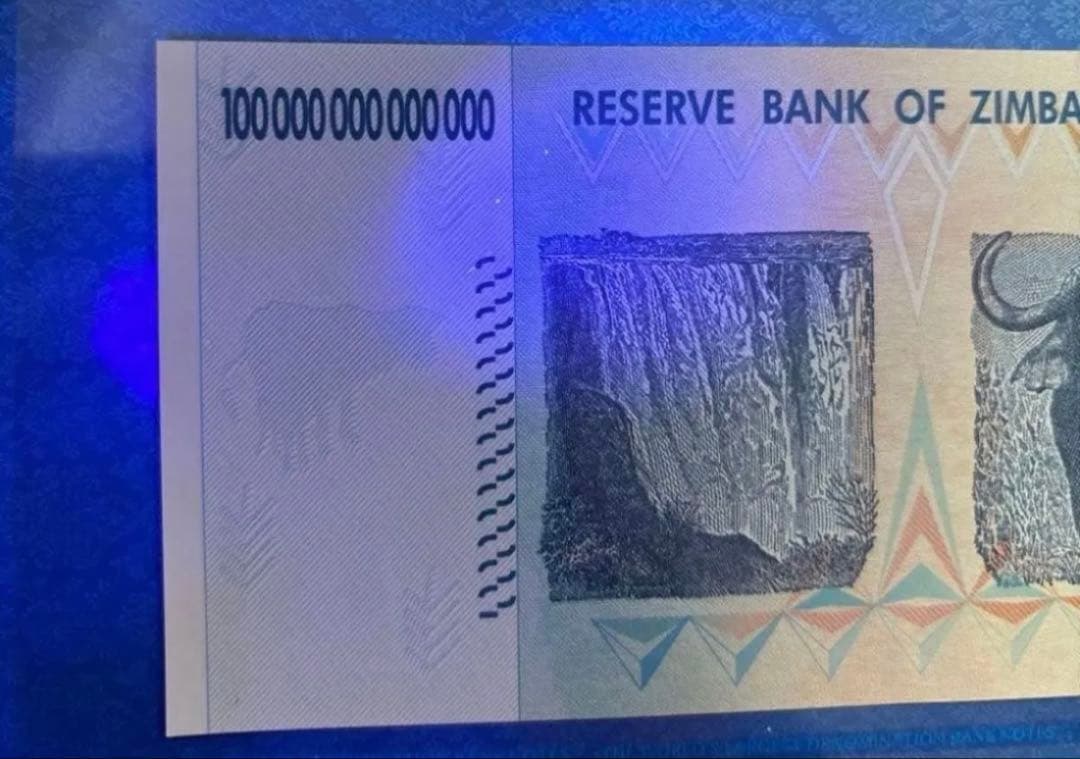 【保証書付き】ジンバブエ 100兆ドル札 2008年、UVチェック済み 1枚①