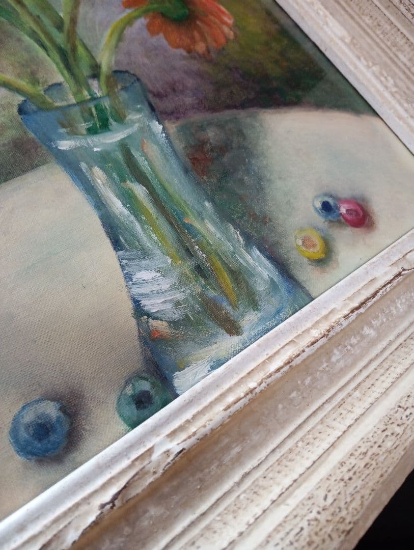 現代美術手描き油彩油絵額装縦５５Ｘ横４５Ｘ厚さ７センチ枠Ｆ６キャンバス品