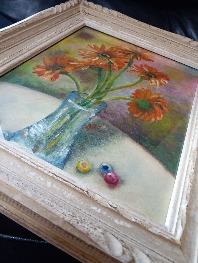 現代美術手描き油彩油絵額装縦５５Ｘ横４５Ｘ厚さ７センチ枠Ｆ６キャンバス品