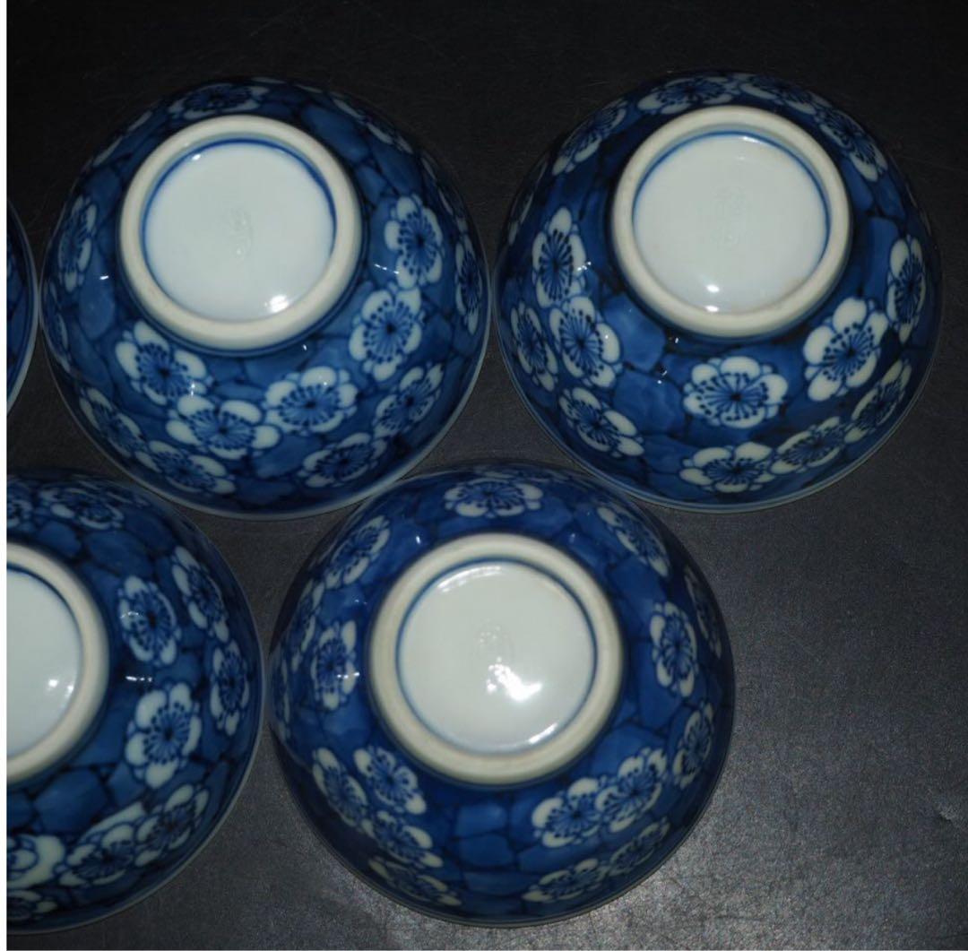 送料無料　『平安松雨』造 氷梅画茶碗５客　共箱　本物保証