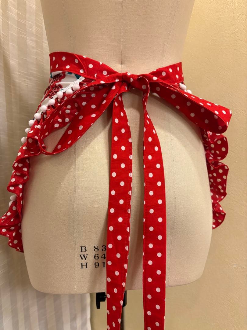 エプロン　ショート　赤オレンジバラ柄　赤白ドットフリル　フラメンコ　衣装