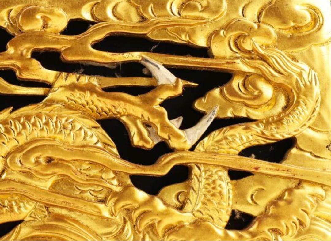 【レア】古美術品 木彫 塗金龍欄間 金彩 双龍彫刻 家紋入