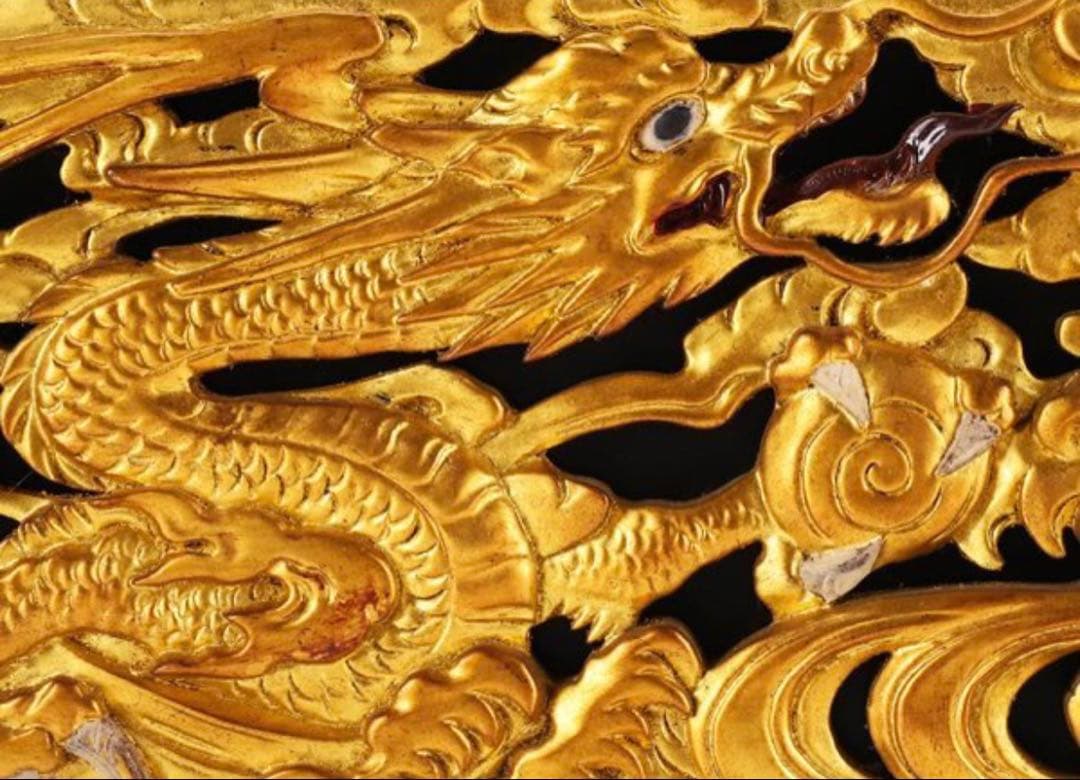 【レア】古美術品 木彫 塗金龍欄間 金彩 双龍彫刻 家紋入