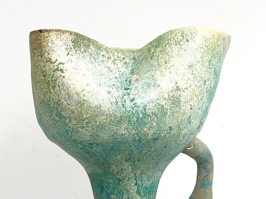 【 ペルシャ古陶 】 出土灯火器 青釉銀化 イスラム陶