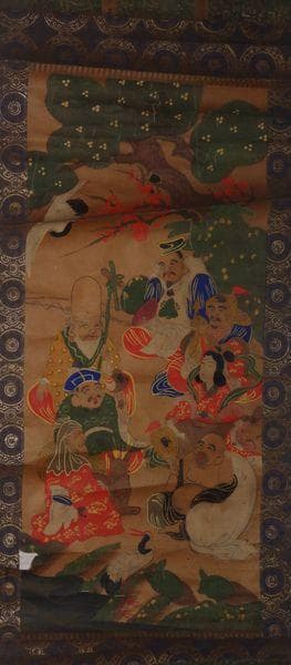 稀少 アンティーク 神社 七福神 毘沙門天 弁財天 大黒天 紙本 肉筆 掛軸