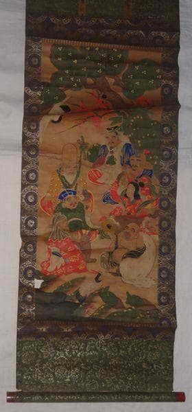 稀少 アンティーク 神社 七福神 毘沙門天 弁財天 大黒天 紙本 肉筆 掛軸