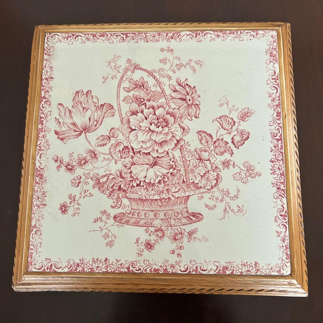 フランスアンティーク　トリベッド　足付き　鍋敷き　木製＆陶磁器