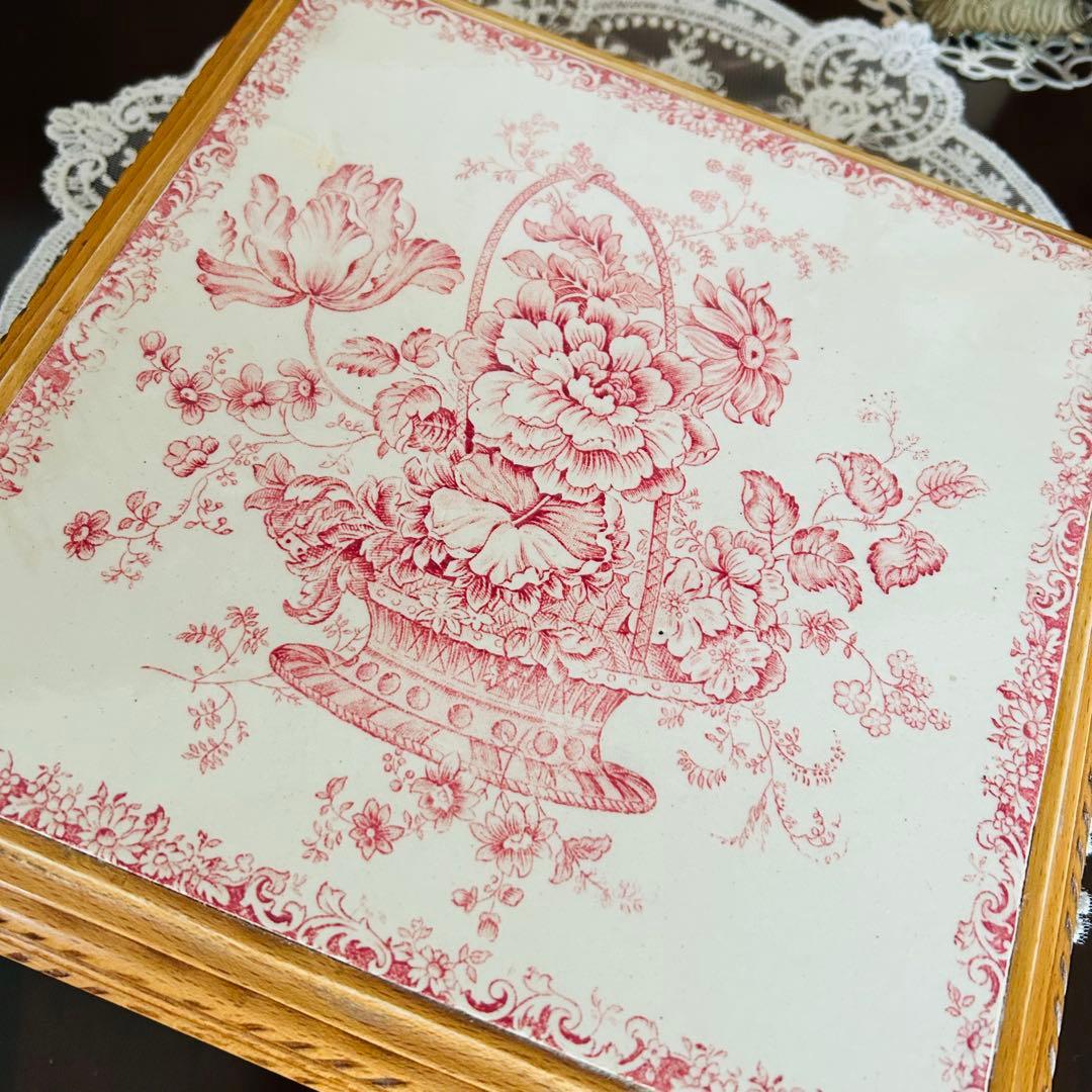 フランスアンティーク　トリベッド　足付き　鍋敷き　木製＆陶磁器