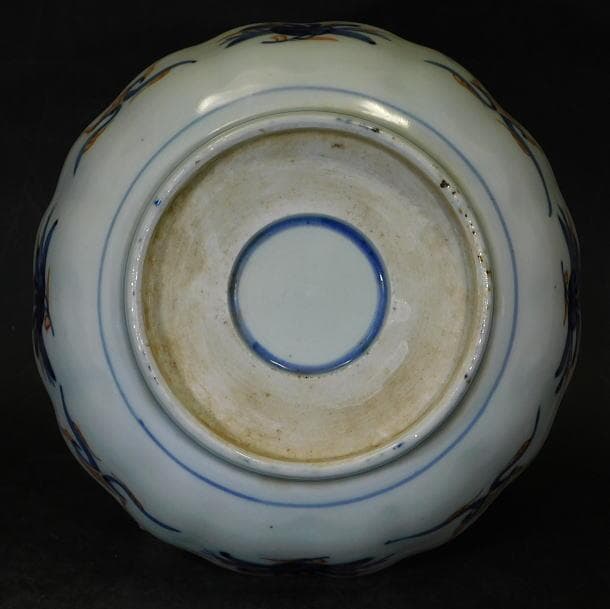 【時代磁器　古伊万里　染錦若松牡丹紋　輪花ナマス皿（５枚）】