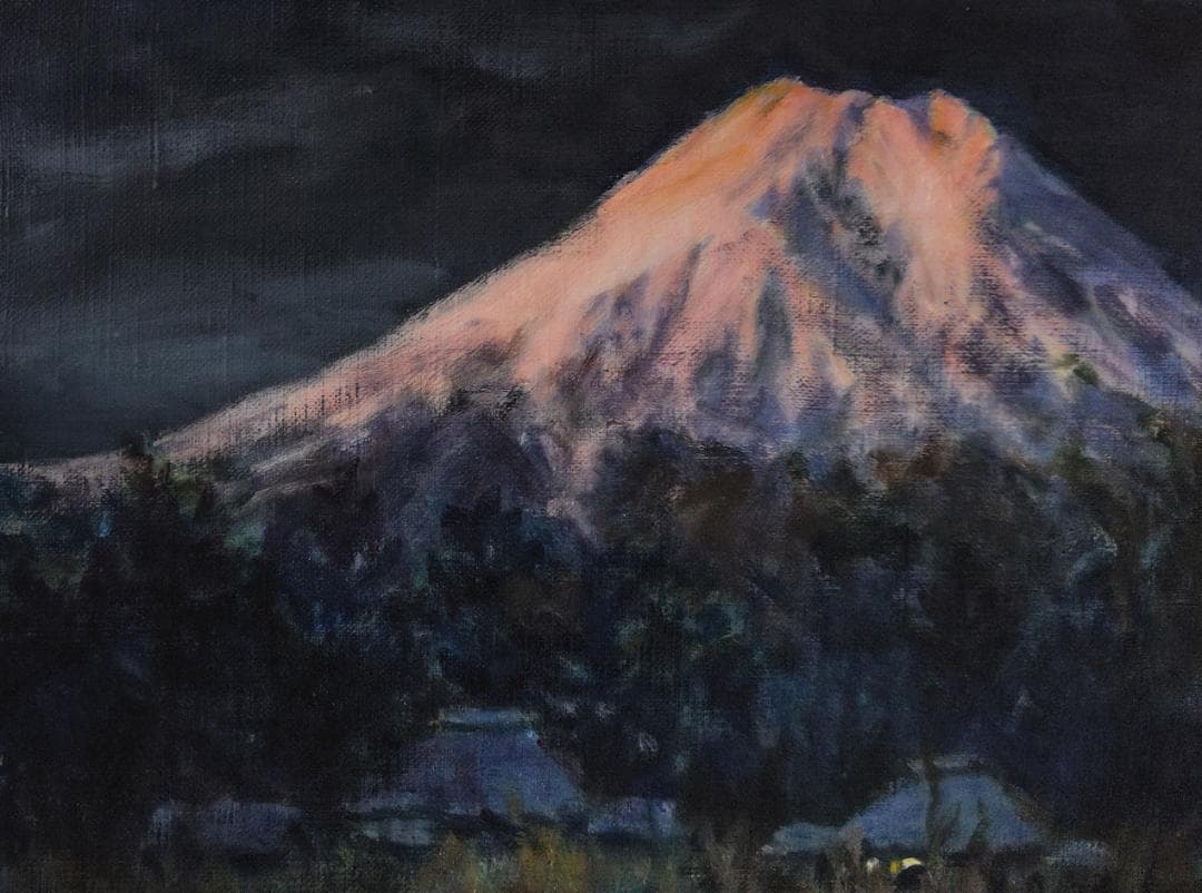 「明ける忍野村」1976 F6 絵画 油絵 油彩画 風景画 富士山
