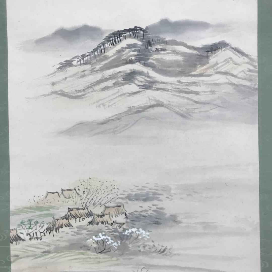 真作/松本姿水/春景田家図/梅花山水/早春図/山水図/掛軸/名家伝来AH-585