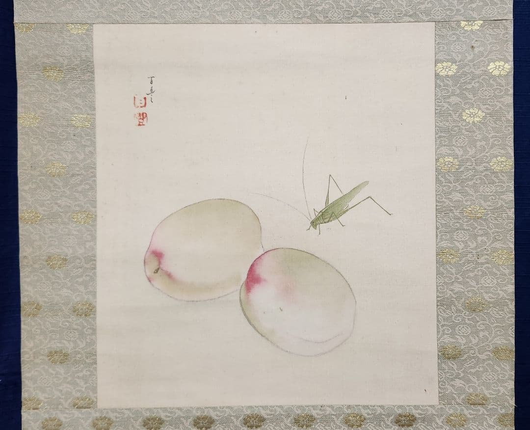 【桃に虫図】広田百豊 2609　掛け軸　肉筆