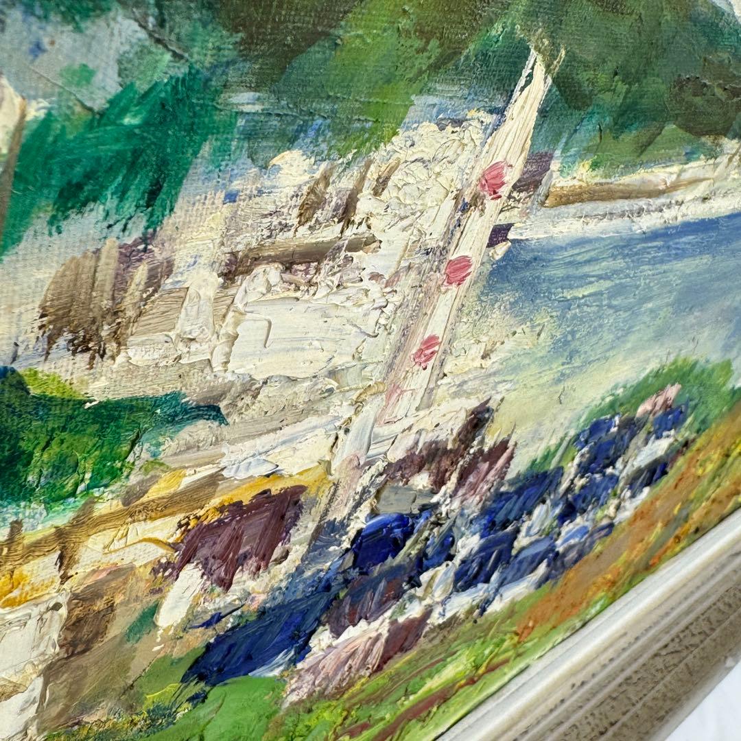 海と街と山の風景画 油絵 肉質画 サインあり Michio