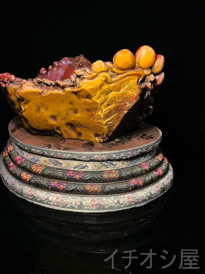 【福寿双全・筆洗】印鑑・寿山石彫刻｜三彩田黄石｜書道｜牧甫作款｜文房置物｜手彫り