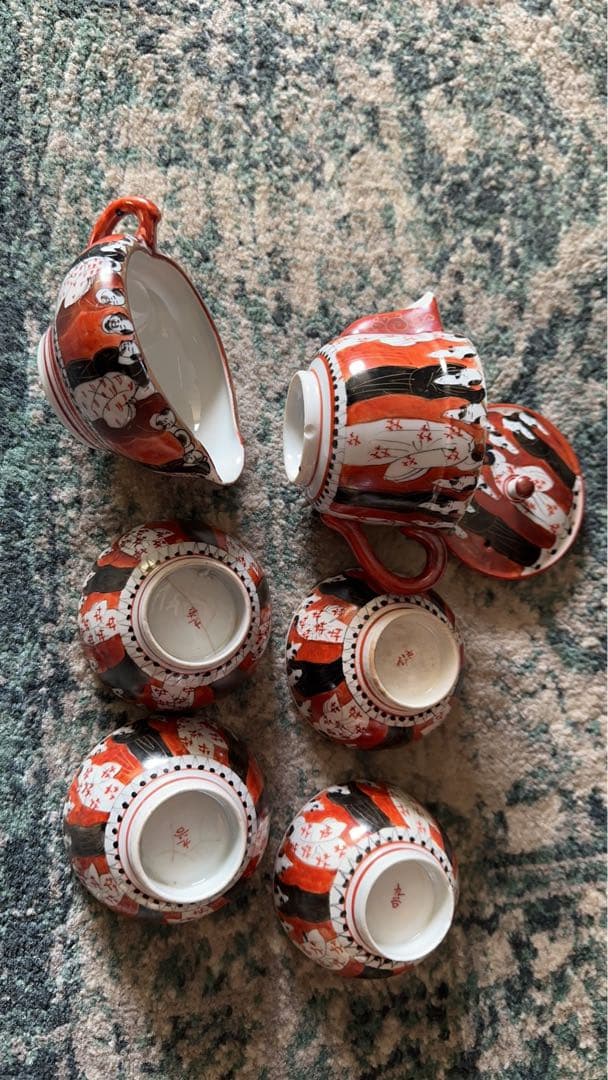 九谷焼6点セート，茶具，茶器，古九谷，百壽老人，赤繪，骨董，インテリア，九谷焼，