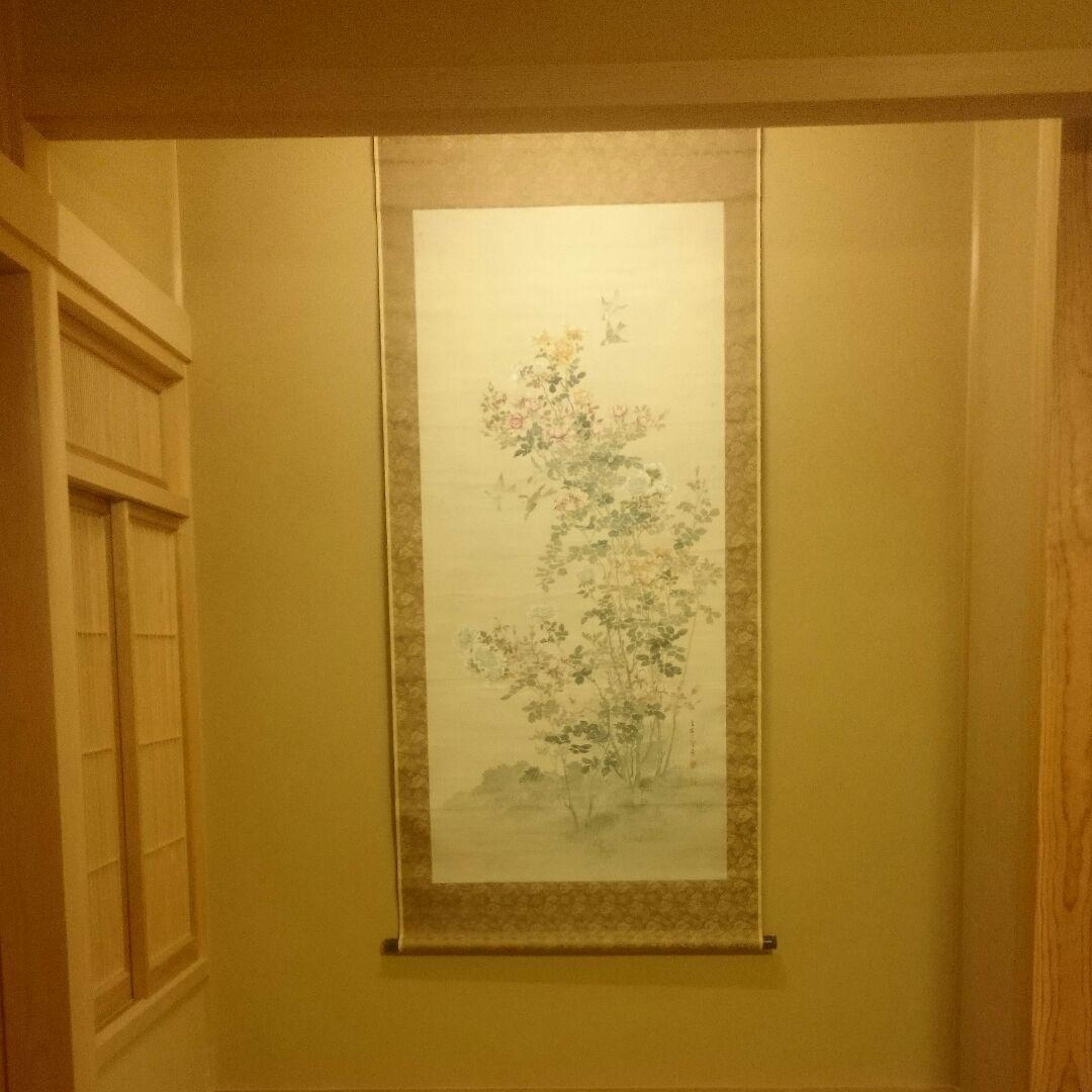 【真作】 名品 ２尺大幅 掛け軸「薔薇と雀の図」藤田苔石