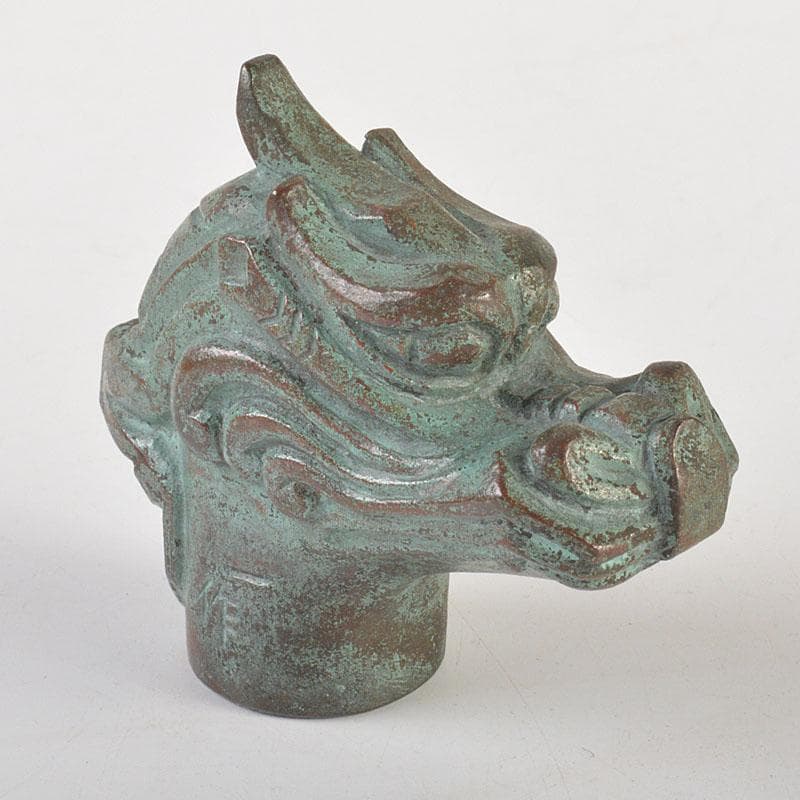 安一作　古銅青銅　龍首杖頭　共箱　N　6831
