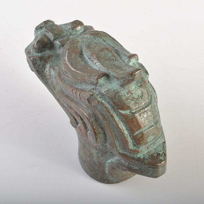 安一作　古銅青銅　龍首杖頭　共箱　N　6831