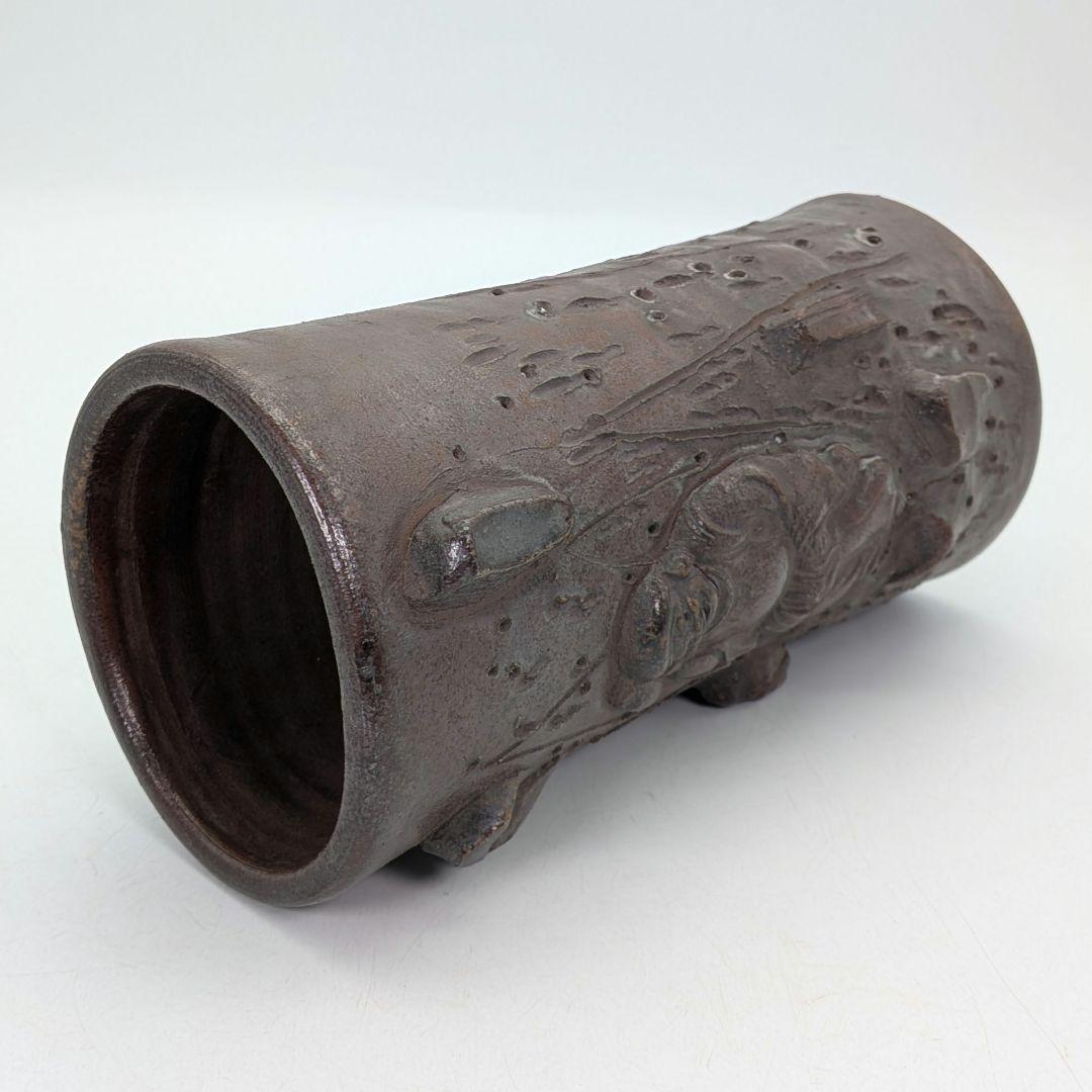 明治時代 備前焼 装飾花入 大黒天彫貼付 大黒様 七福神 縁起物 花器 花瓶