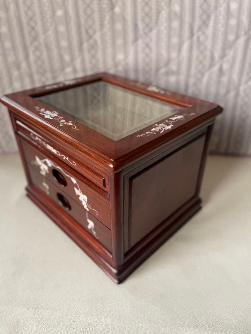 花梨 螺鈿細工 2段小引出し ショーケース ガラスケース 唐木 無垢 貴重品収納